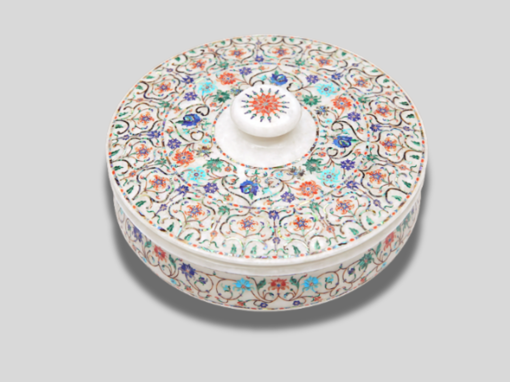 Italian Marble Jewelry Storage Box Floral Fine Marquetry Inlay Design Semi Precious Multi color Stone